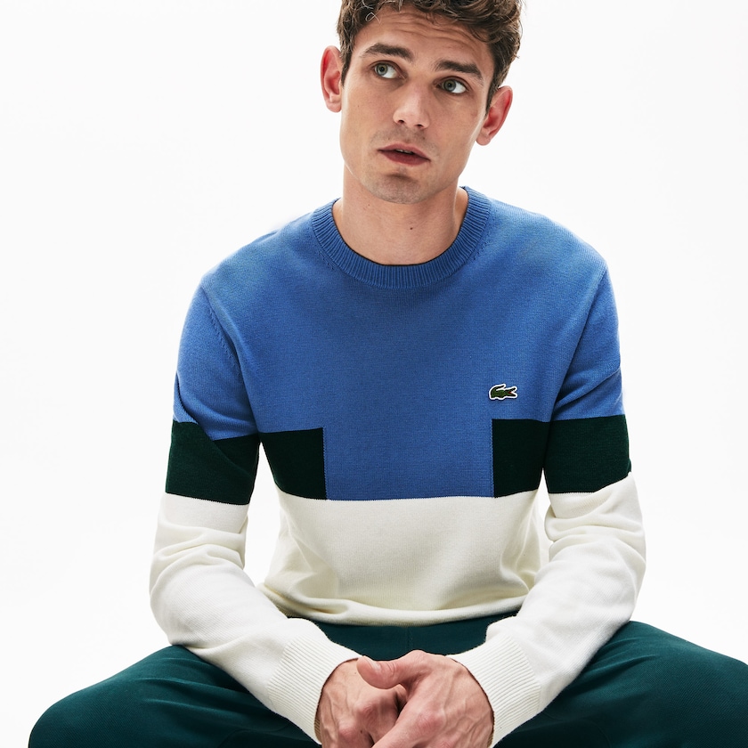 Suéteres Lacoste Masculino Branco Azuis Verdes Crew Neck Colorblock Wool And Cotton Blend QB6-37303Y3