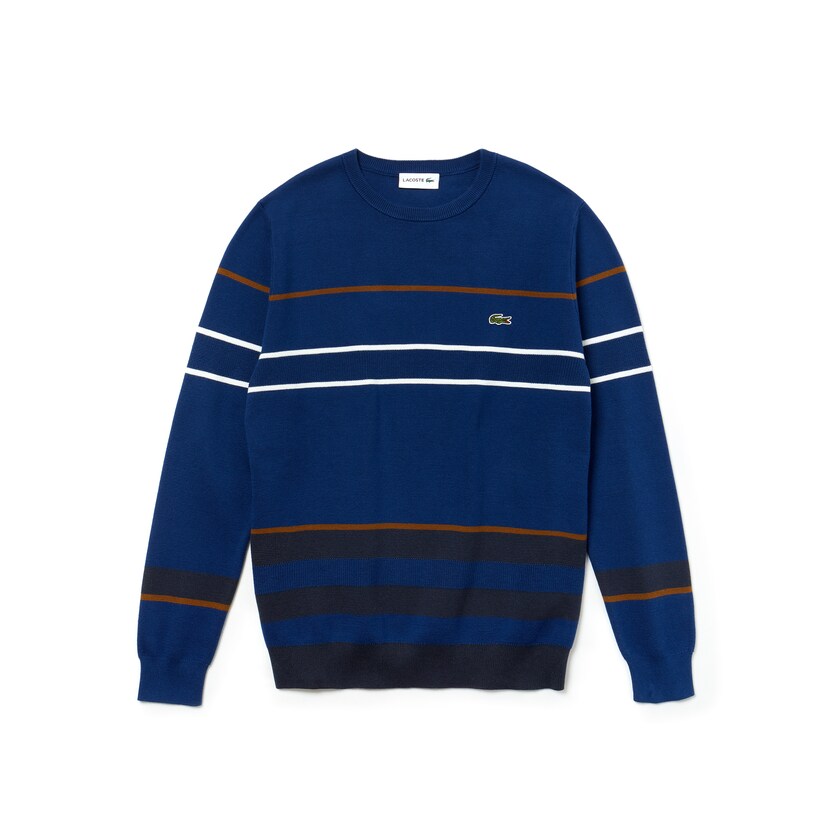 Suéteres Lacoste Masculino Azul Marinho Azuis Azuis Marrom Branco Crew Neck Multicolor Striped Milano Cotton UN8-14551O6