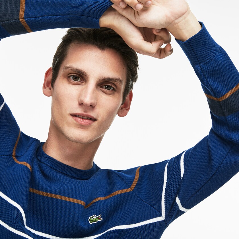 Suéteres Lacoste Masculino Azul Marinho Azuis Azuis Marrom Branco Crew Neck Multicolor Striped Milano Cotton UN8-14551O6