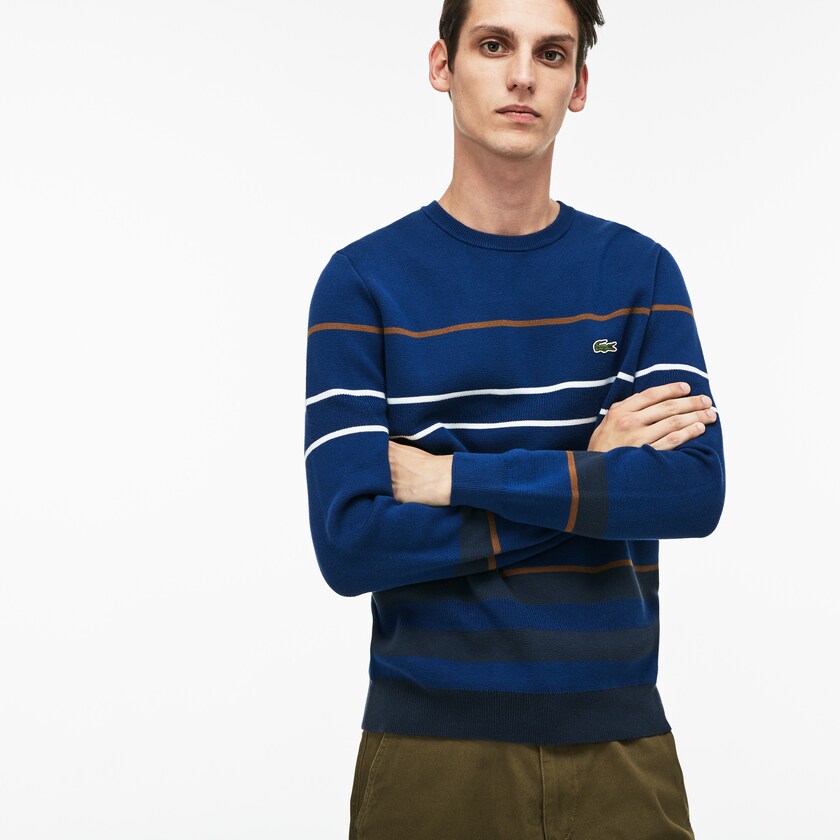 Suéteres Lacoste Masculino Azul Marinho Azuis Azuis Marrom Branco Crew Neck Multicolor Striped Milano Cotton UN8-14551O6