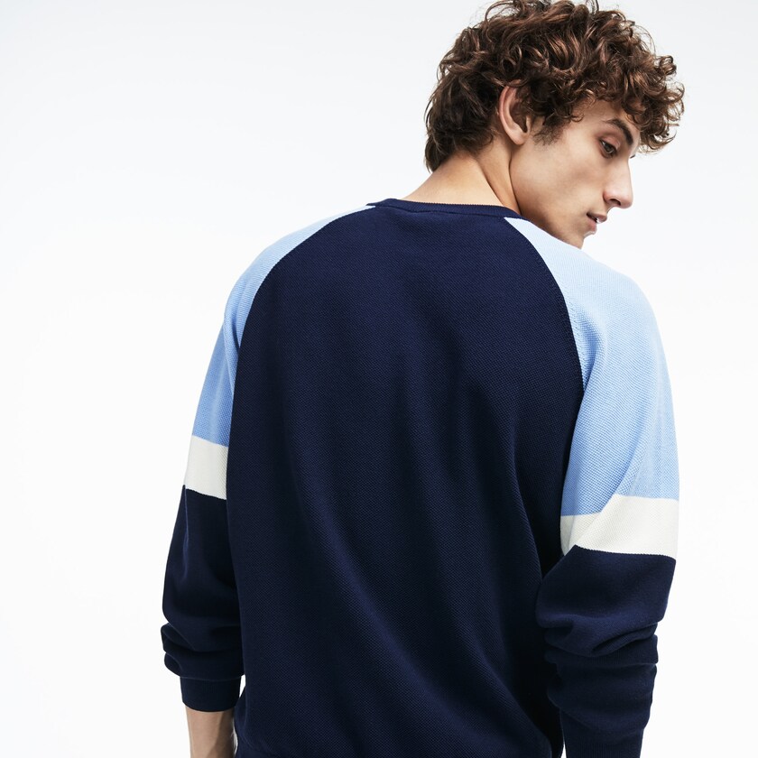 Suéteres Lacoste Masculino Azul Marinho Azuis Branco Luz Azuis Crew Neck Raglan Sleeved IO1-06480M5