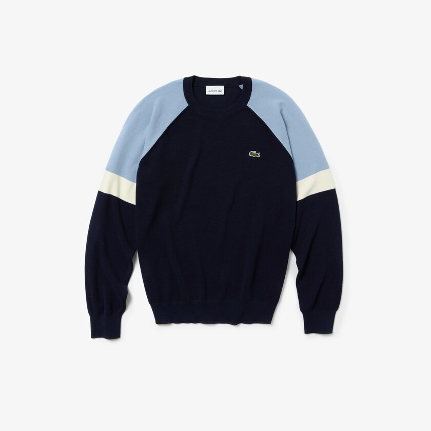 Suéteres Lacoste Masculino Azul Marinho Azuis Branco Luz Azuis Crew Neck Raglan Sleeved IO1-06480M5