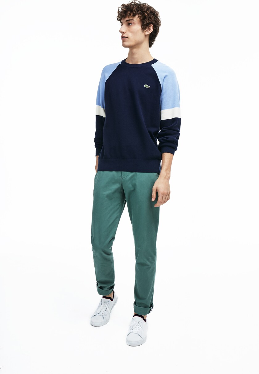 Suéteres Lacoste Masculino Azul Marinho Azuis Branco Luz Azuis Crew Neck Raglan Sleeved IO1-06480M5