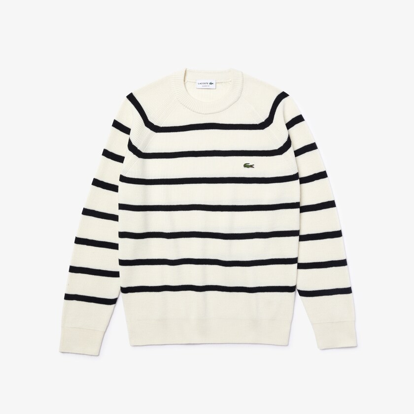 Suéteres Lacoste Masculino Branco Azul Marinho Azuis Crew Neck Striped Ribbed Wool NZ1-54365N6