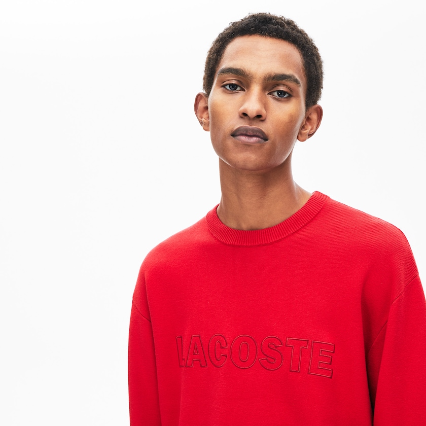 Suéteres Lacoste Masculino Vermelhas Crewneck Signature-Logo Knit JA6-47164Y4