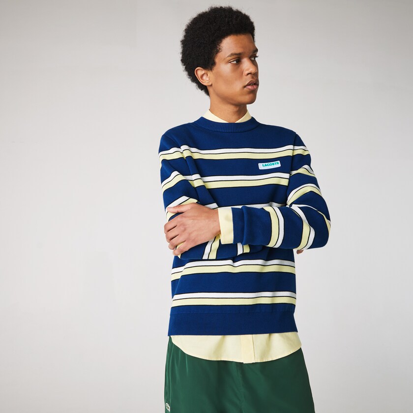 Suéteres Lacoste Masculino Azuis Branco LIVE Striped Cotton Crew Neck EF9-31143M7