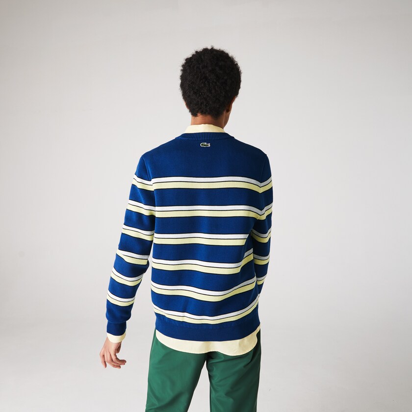Suéteres Lacoste Masculino Azuis Branco LIVE Striped Cotton Crew Neck EF9-31143M7