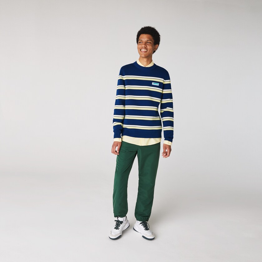 Suéteres Lacoste Masculino Azuis Branco LIVE Striped Cotton Crew Neck EF9-31143M7