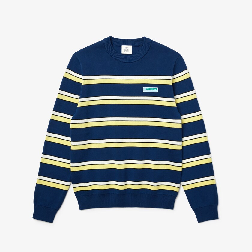 Suéteres Lacoste Masculino Azuis Branco LIVE Striped Cotton Crew Neck EF9-31143M7