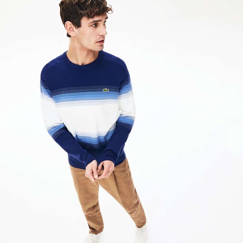 Suéteres Lacoste Masculino Azul Marinho Azuis Azuis Branco Made In France Degraded Cotton Crew Neck OX8-13471G5