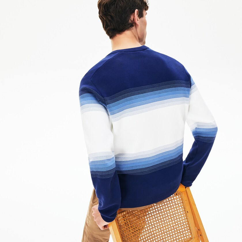 Suéteres Lacoste Masculino Azul Marinho Azuis Azuis Branco Made In France Degraded Cotton Crew Neck OX8-13471G5