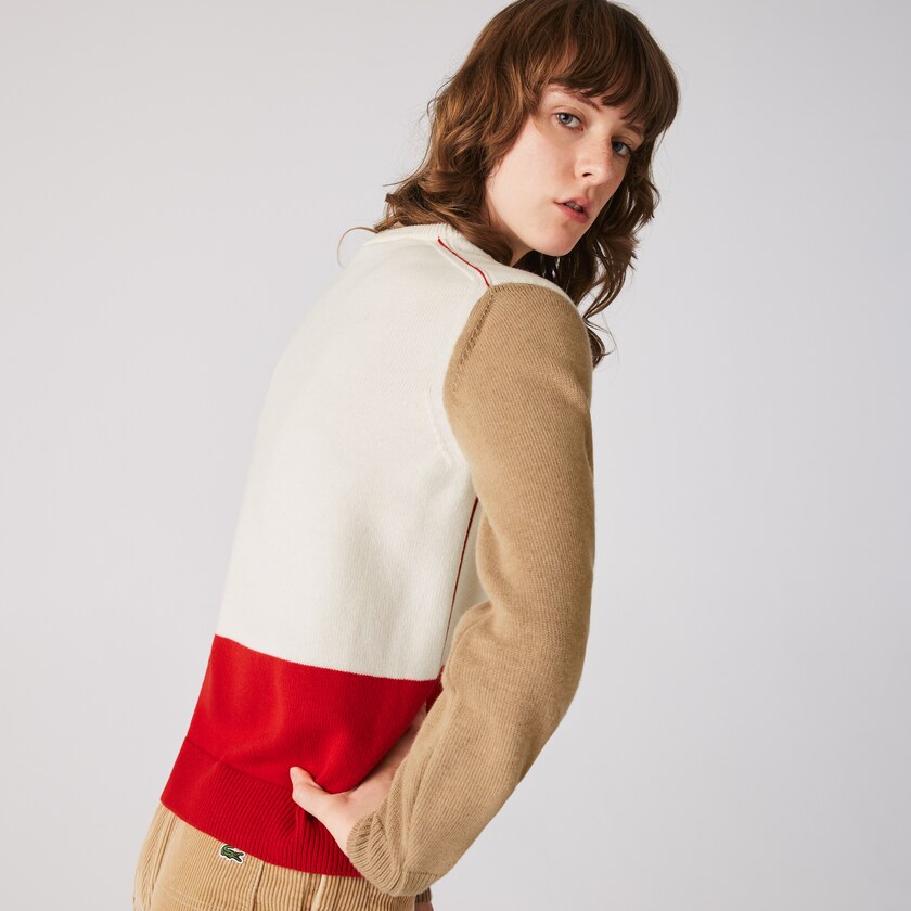 Suéteres Lacoste Feminino Vermelhas Branco Bege Made in France Crew Neck Colourblock Wool YW4-10161D5
