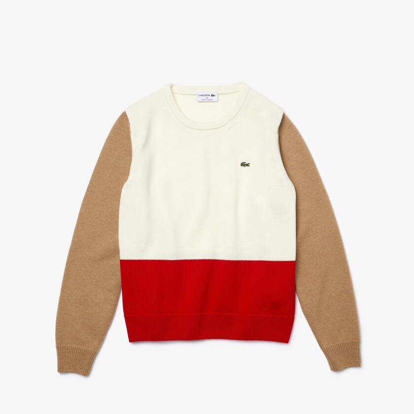 Suéteres Lacoste Feminino Vermelhas Branco Bege Made in France Crew Neck Colourblock Wool YW4-10161D5