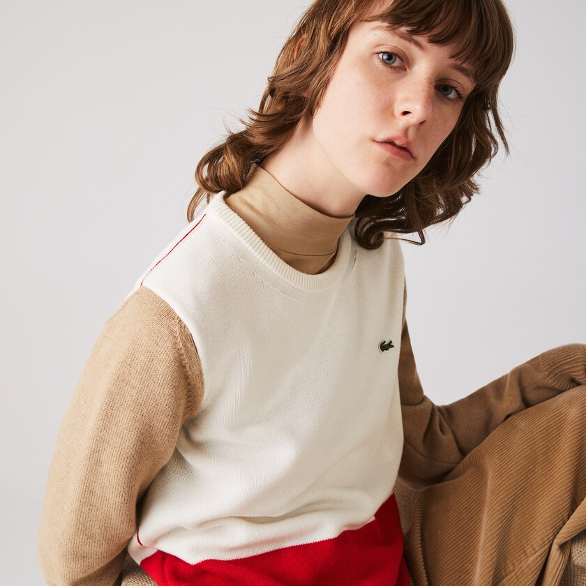 Suéteres Lacoste Feminino Vermelhas Branco Bege Made in France Crew Neck Colourblock Wool YW4-10161D5