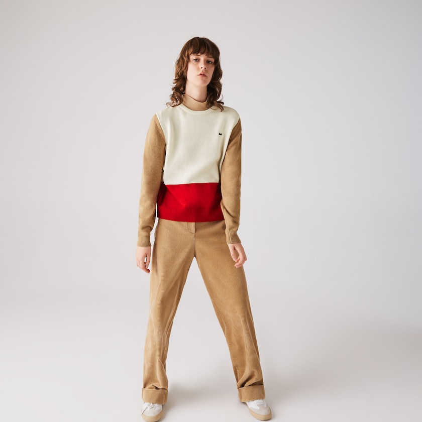 Suéteres Lacoste Feminino Vermelhas Branco Bege Made in France Crew Neck Colourblock Wool YW4-10161D5