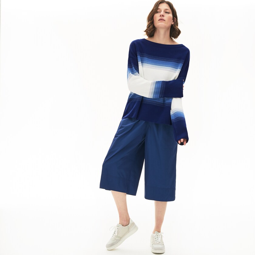 Suéteres Lacoste Feminino Azul Marinho Azuis Azuis Branco Made in France Organic Loose Fit Ombré-Stripe LY1-40884V9