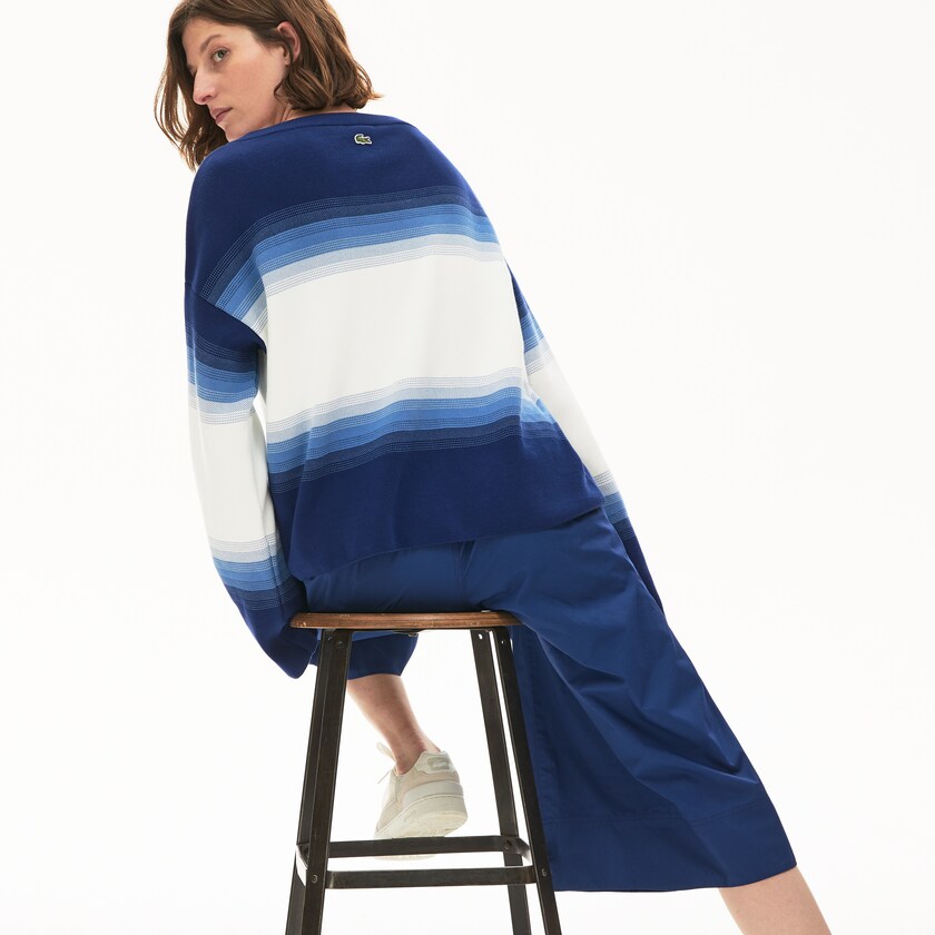 Suéteres Lacoste Feminino Azul Marinho Azuis Azuis Branco Made in France Organic Loose Fit Ombré-Stripe LY1-40884V9