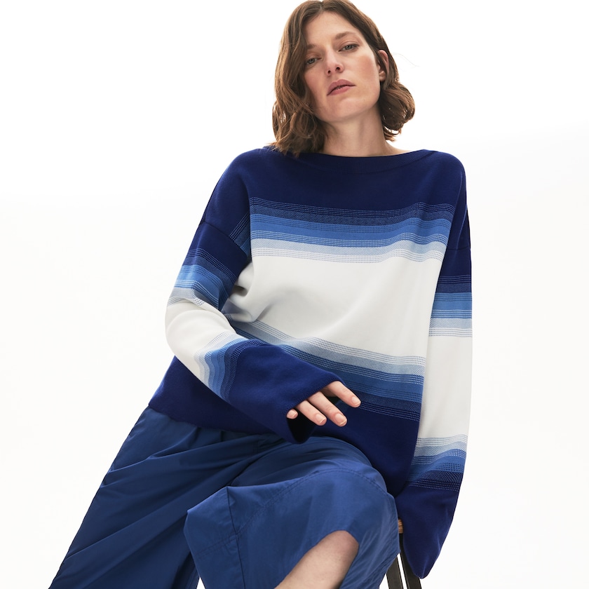 Suéteres Lacoste Feminino Azul Marinho Azuis Azuis Branco Made in France Organic Loose Fit Ombré-Stripe LY1-40884V9