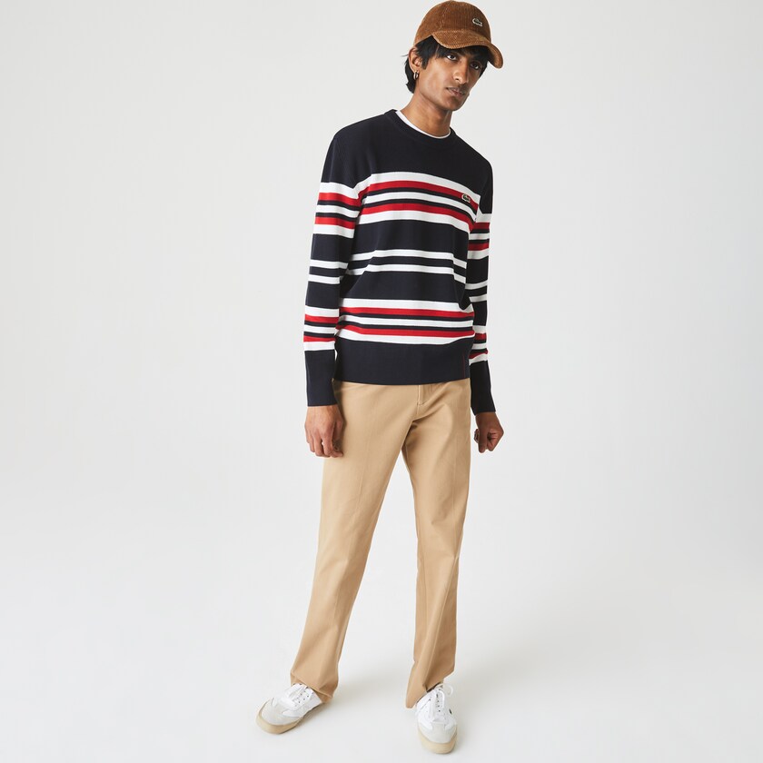 Suéteres Lacoste Masculino Azul Marinho Azuis Branco Vermelhas Made in France Striped Organic Cotton Crew Neck XC6-00760X1
