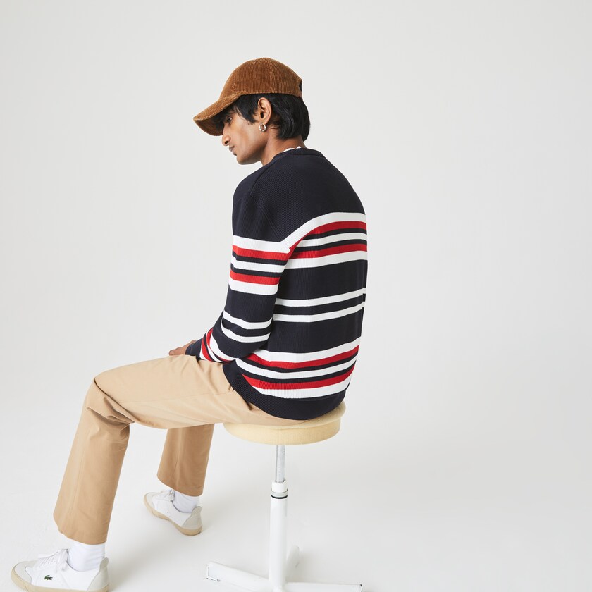 Suéteres Lacoste Masculino Azul Marinho Azuis Branco Vermelhas Made in France Striped Organic Cotton Crew Neck XC6-00760X1