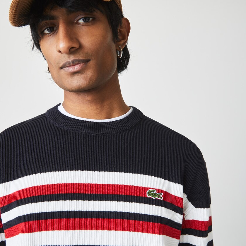 Suéteres Lacoste Masculino Azul Marinho Azuis Branco Vermelhas Made in France Striped Organic Cotton Crew Neck XC6-00760X1