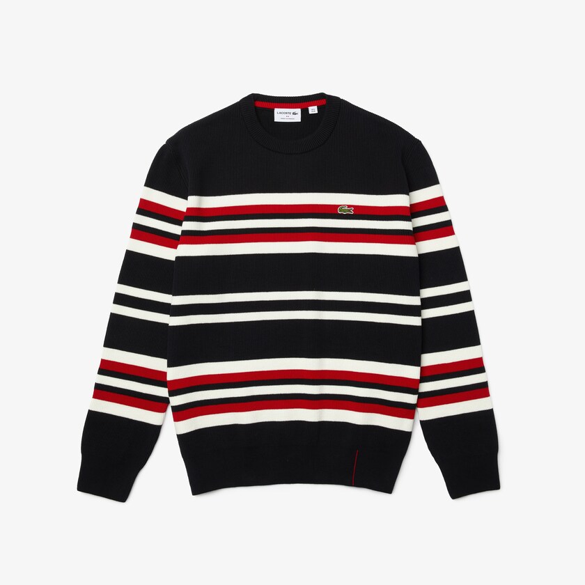Suéteres Lacoste Masculino Azul Marinho Azuis Branco Vermelhas Made in France Striped Organic Cotton Crew Neck XC6-00760X1