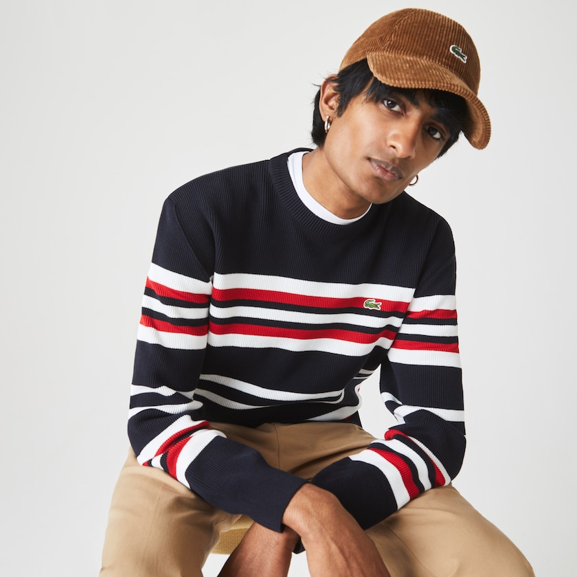 Suéteres Lacoste Masculino Azul Marinho Azuis Branco Vermelhas Made in France Striped Organic Cotton Crew Neck XC6-00760X1