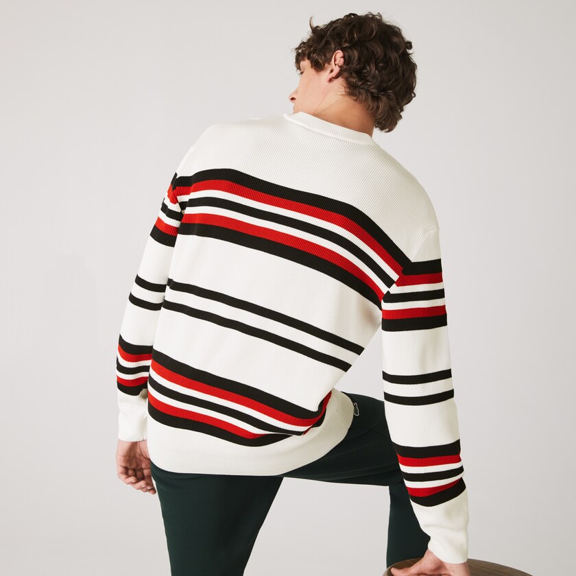 Suéteres Lacoste Masculino Branco Azul Marinho Azuis Vermelhas Made in France Striped Organic Cotton Crew Neck IX7-13771A2