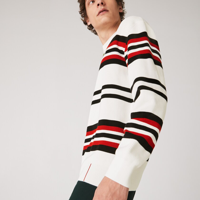 Suéteres Lacoste Masculino Branco Azul Marinho Azuis Vermelhas Made in France Striped Organic Cotton Crew Neck IX7-13771A2