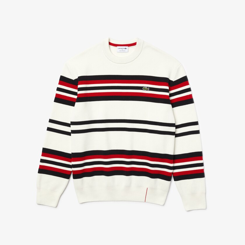 Suéteres Lacoste Masculino Branco Azul Marinho Azuis Vermelhas Made in France Striped Organic Cotton Crew Neck IX7-13771A2