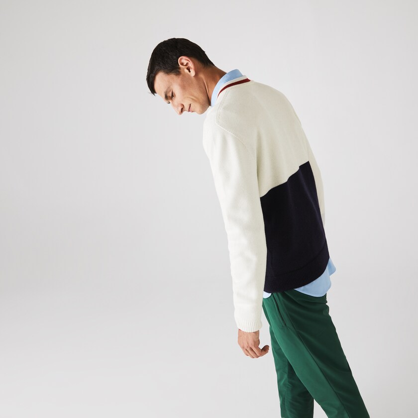Suéteres Lacoste Masculino Azul Marinho Azuis Branco Vermelhas Escuro Made in France Two-Tone Wool V-Neck HB8-44744Y4