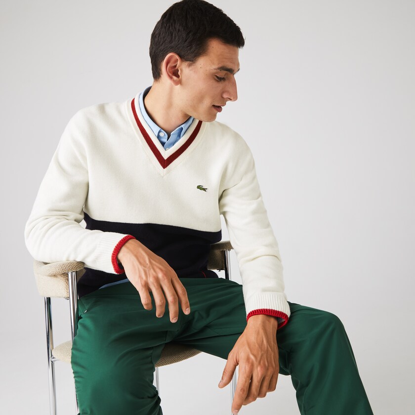 Suéteres Lacoste Masculino Azul Marinho Azuis Branco Vermelhas Escuro Made in France Two-Tone Wool V-Neck HB8-44744Y4