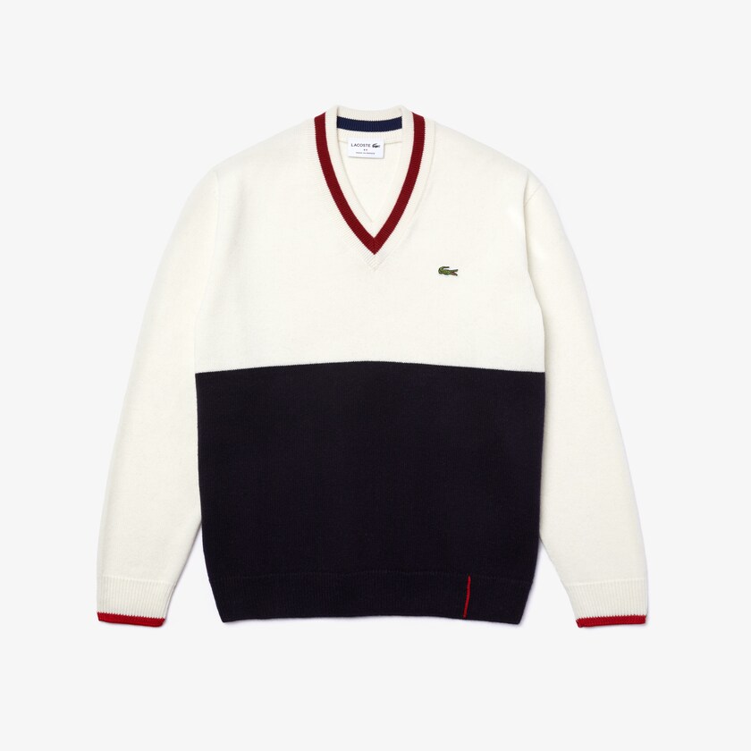 Suéteres Lacoste Masculino Azul Marinho Azuis Branco Vermelhas Escuro Made in France Two-Tone Wool V-Neck HB8-44744Y4
