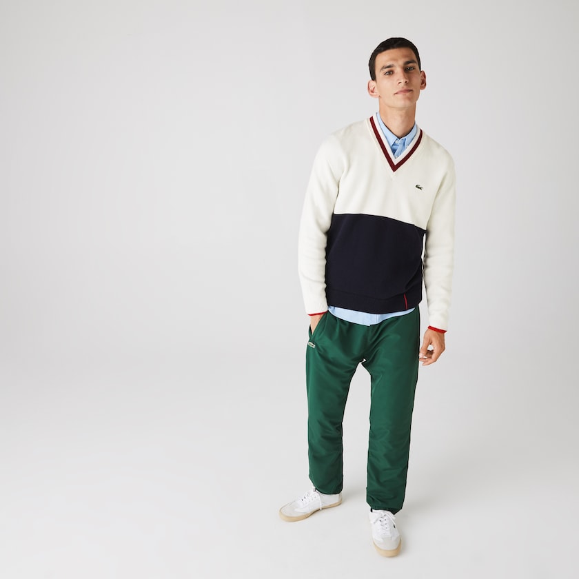 Suéteres Lacoste Masculino Azul Marinho Azuis Branco Vermelhas Escuro Made in France Two-Tone Wool V-Neck HB8-44744Y4