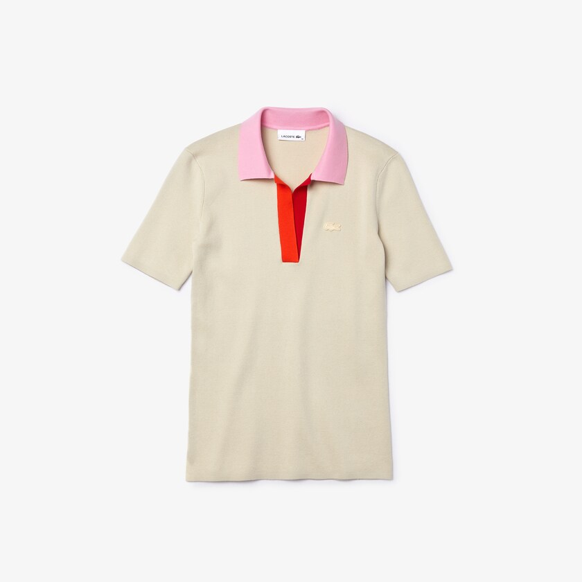 Suéteres Lacoste Feminino Bege Rosa Vermelhas Polo Collar Two-Tone Cotton AQ3-92349S5