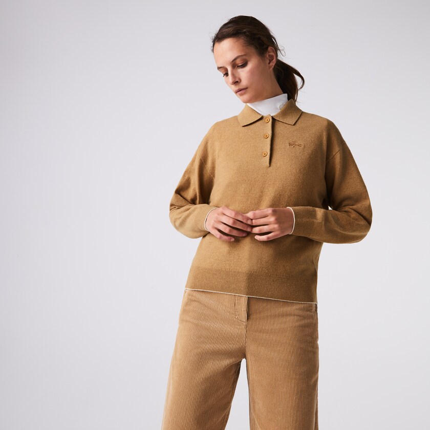 Suéteres Lacoste Feminino Bege Polo Collar Wool ES2-64186E1