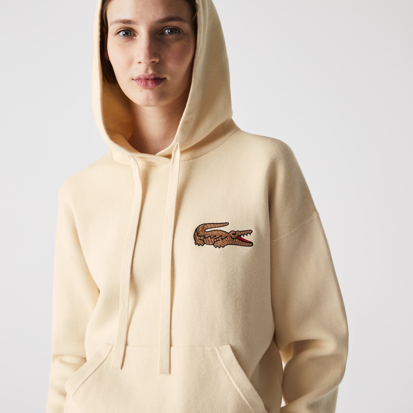 Suéteres Lacoste Feminino Bege Relaxed Embroidered Croc Hooded Cotton YH6-14351L1