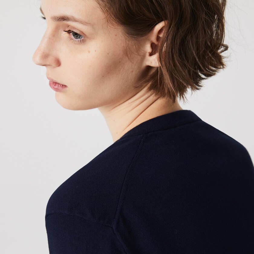 Suéteres Lacoste Feminino Azul Marinho Azuis Relaxed V-Neck Organic Cotton LE4-59285P2