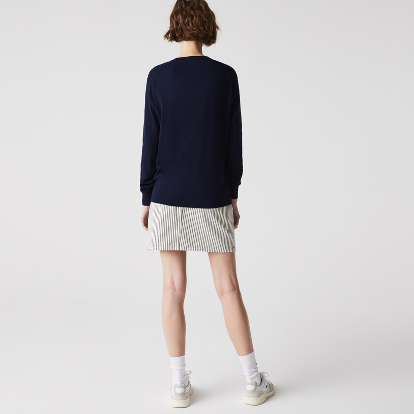 Suéteres Lacoste Feminino Azul Marinho Azuis Relaxed V-Neck Organic Cotton LE4-59285P2
