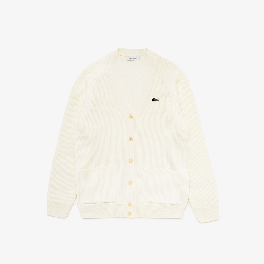 Suéteres Lacoste Feminino Branco Ribbed Wool Blend V-neck Cardigan OS3-89968C5