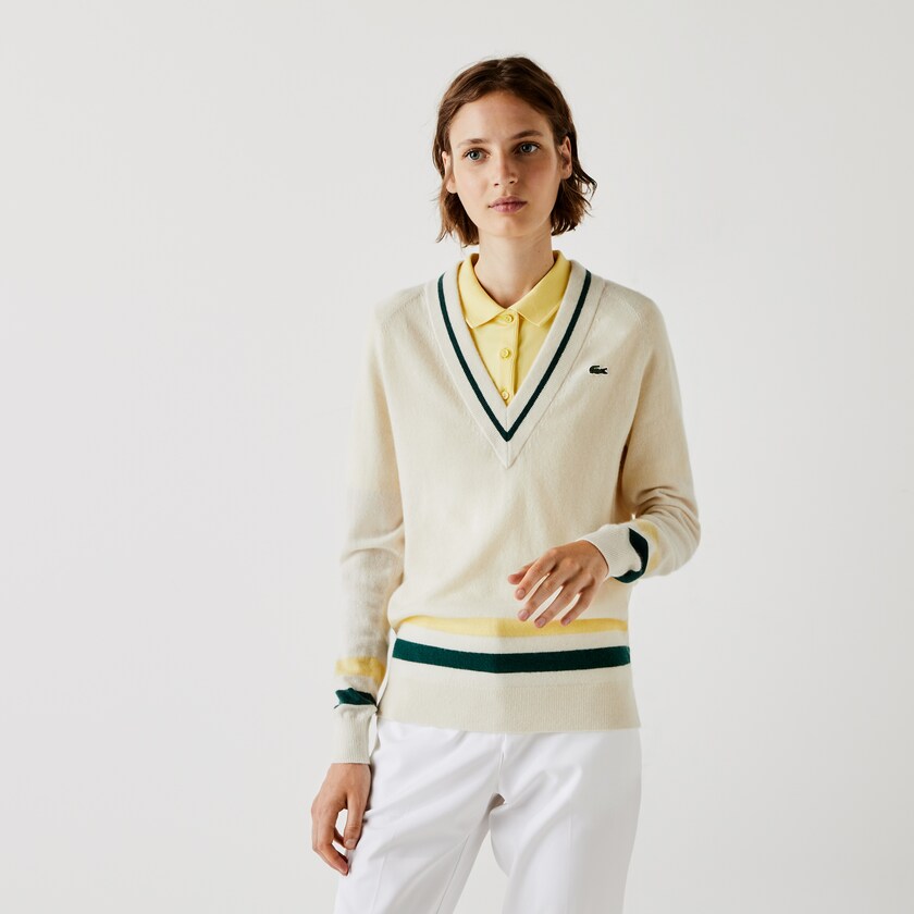 Suéteres Lacoste Feminino Branco Amarelas Verdes SPORT Recycled Cashmere V-neck Golf MT8-16281J8