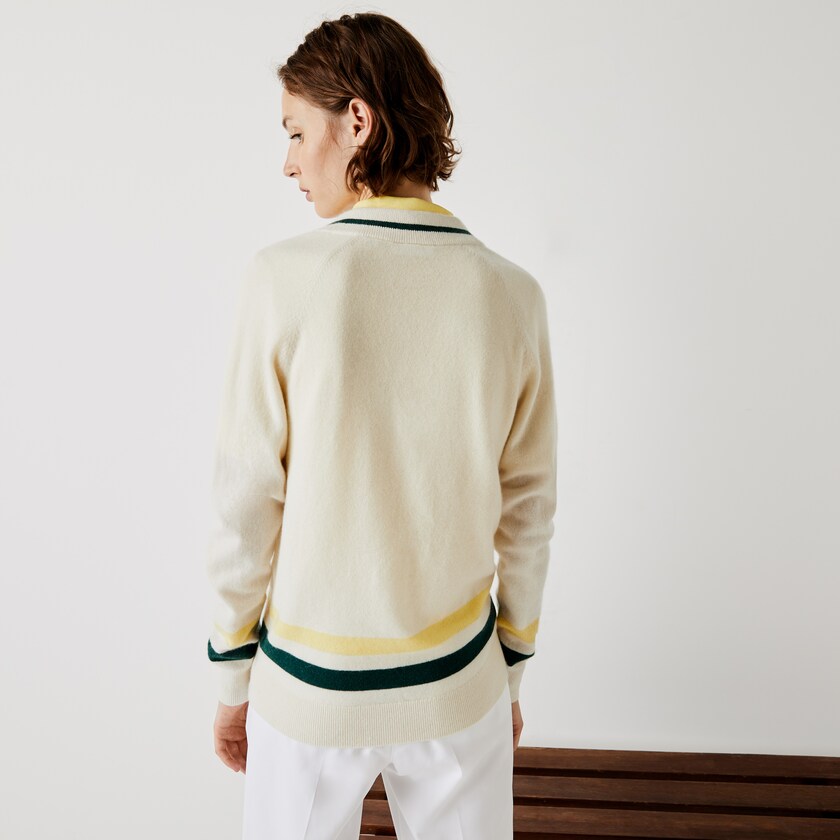 Suéteres Lacoste Feminino Branco Amarelas Verdes SPORT Recycled Cashmere V-neck Golf MT8-16281J8