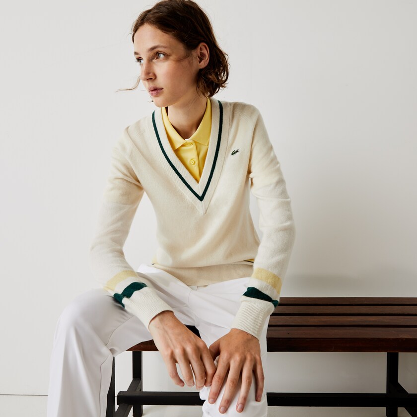 Suéteres Lacoste Feminino Branco Amarelas Verdes SPORT Recycled Cashmere V-neck Golf MT8-16281J8