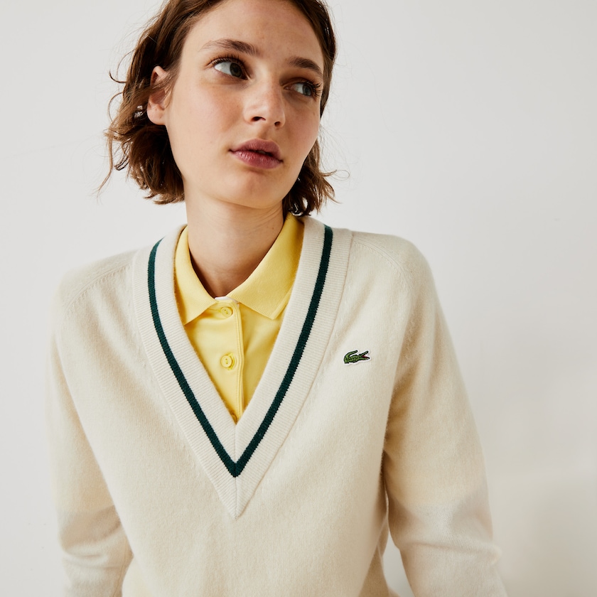 Suéteres Lacoste Feminino Branco Amarelas Verdes SPORT Recycled Cashmere V-neck Golf MT8-16281J8