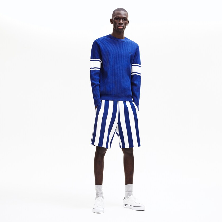 Suéteres Lacoste Masculino Azul Marinho Azuis Branco Striped Sleeves Cotton And Linen Blend Crew Neck UH0-13321F2