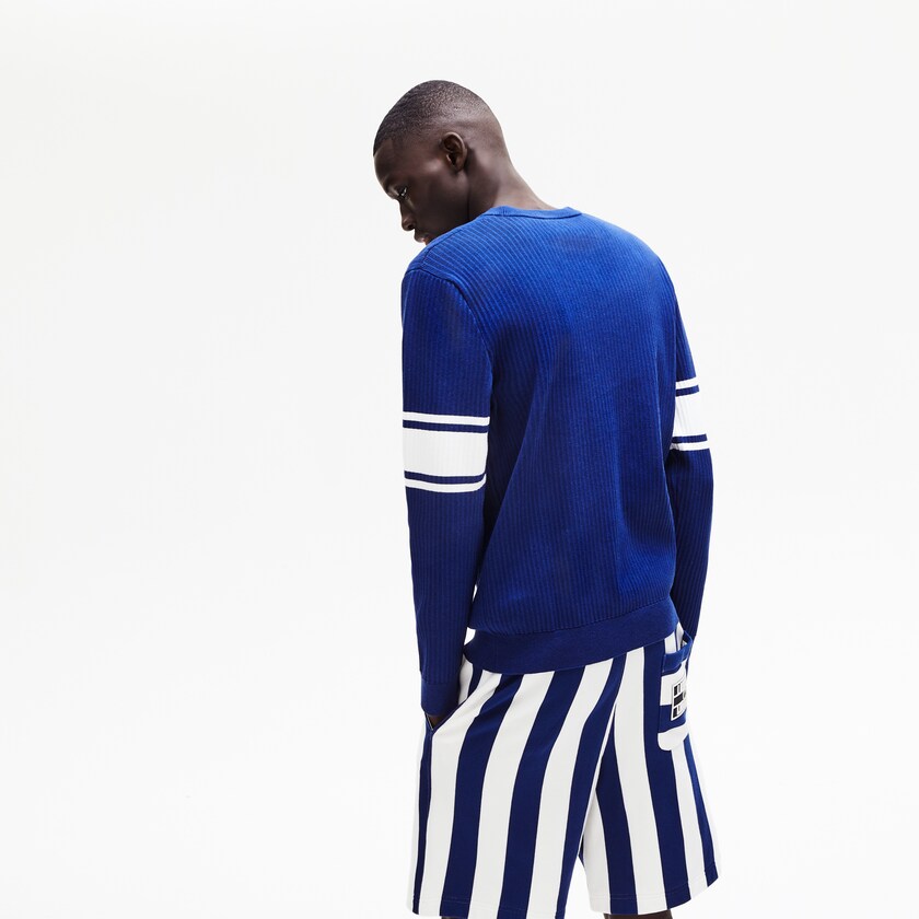 Suéteres Lacoste Masculino Azul Marinho Azuis Branco Striped Sleeves Cotton And Linen Blend Crew Neck UH0-13321F2