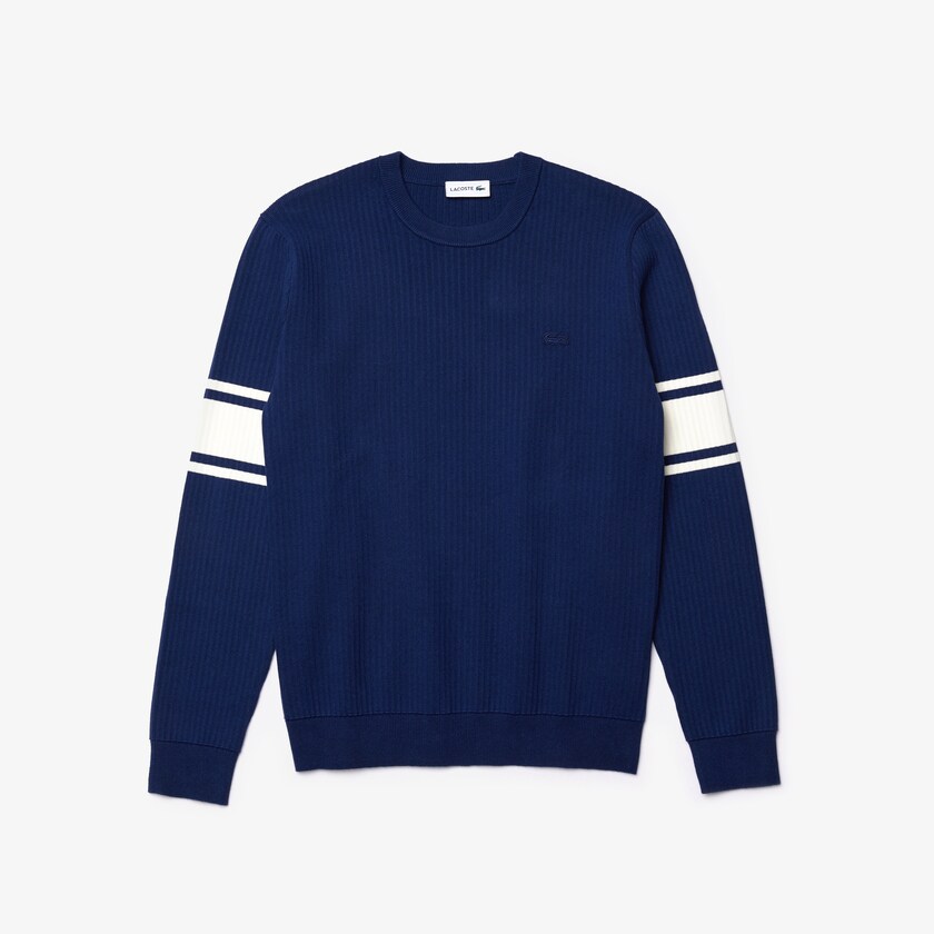 Suéteres Lacoste Masculino Azul Marinho Azuis Branco Striped Sleeves Cotton And Linen Blend Crew Neck UH0-13321F2