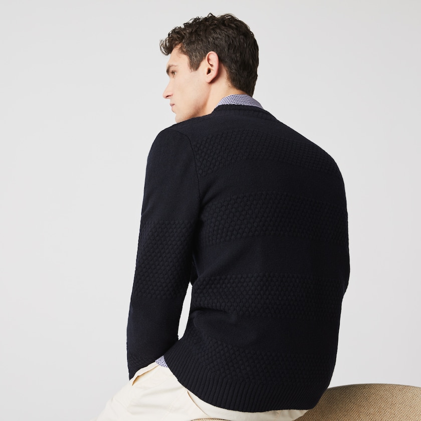 Suéteres Lacoste Masculino Azul Marinho Azuis Textured Striped Wool-Blend FX4-29272J2