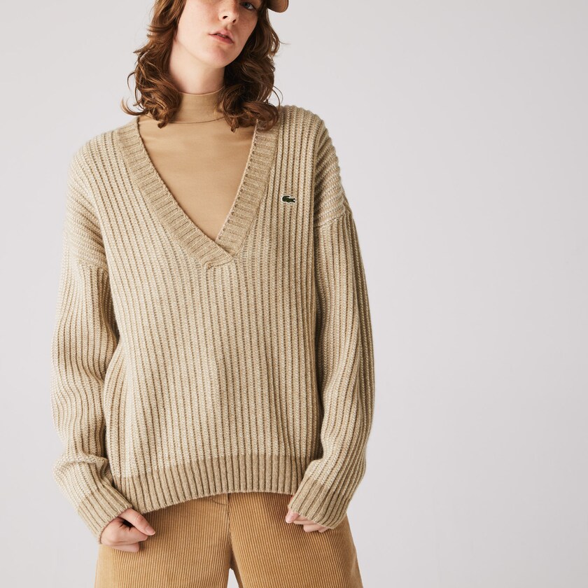 Suéteres Lacoste Feminino Bege Two-Tone Low V-Neck Ribbed Wool BZ6-29512S9