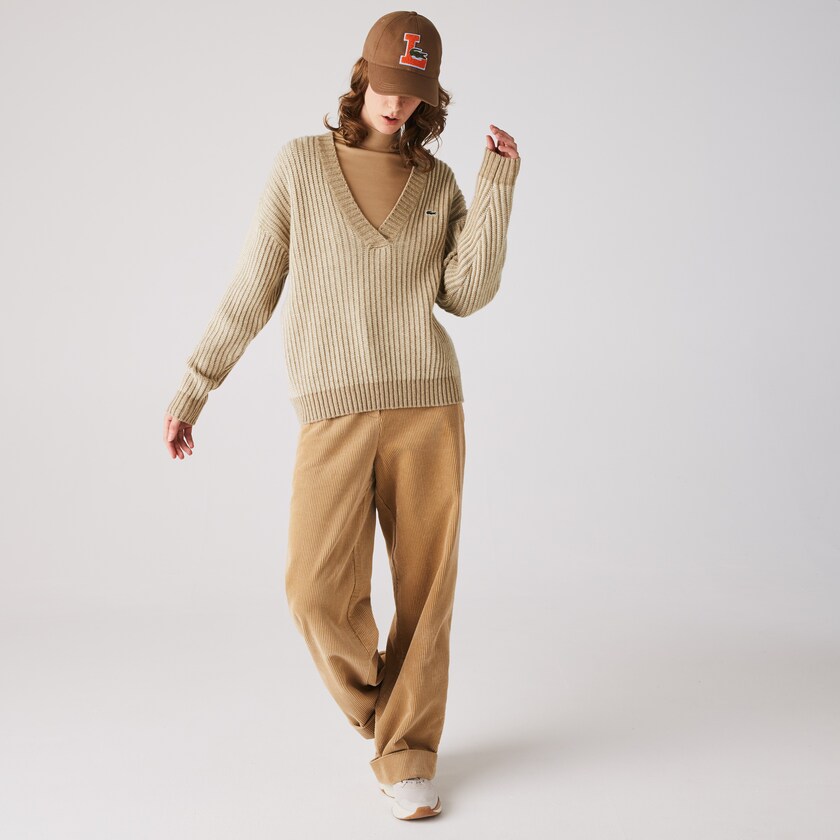 Suéteres Lacoste Feminino Bege Two-Tone Low V-Neck Ribbed Wool BZ6-29512S9